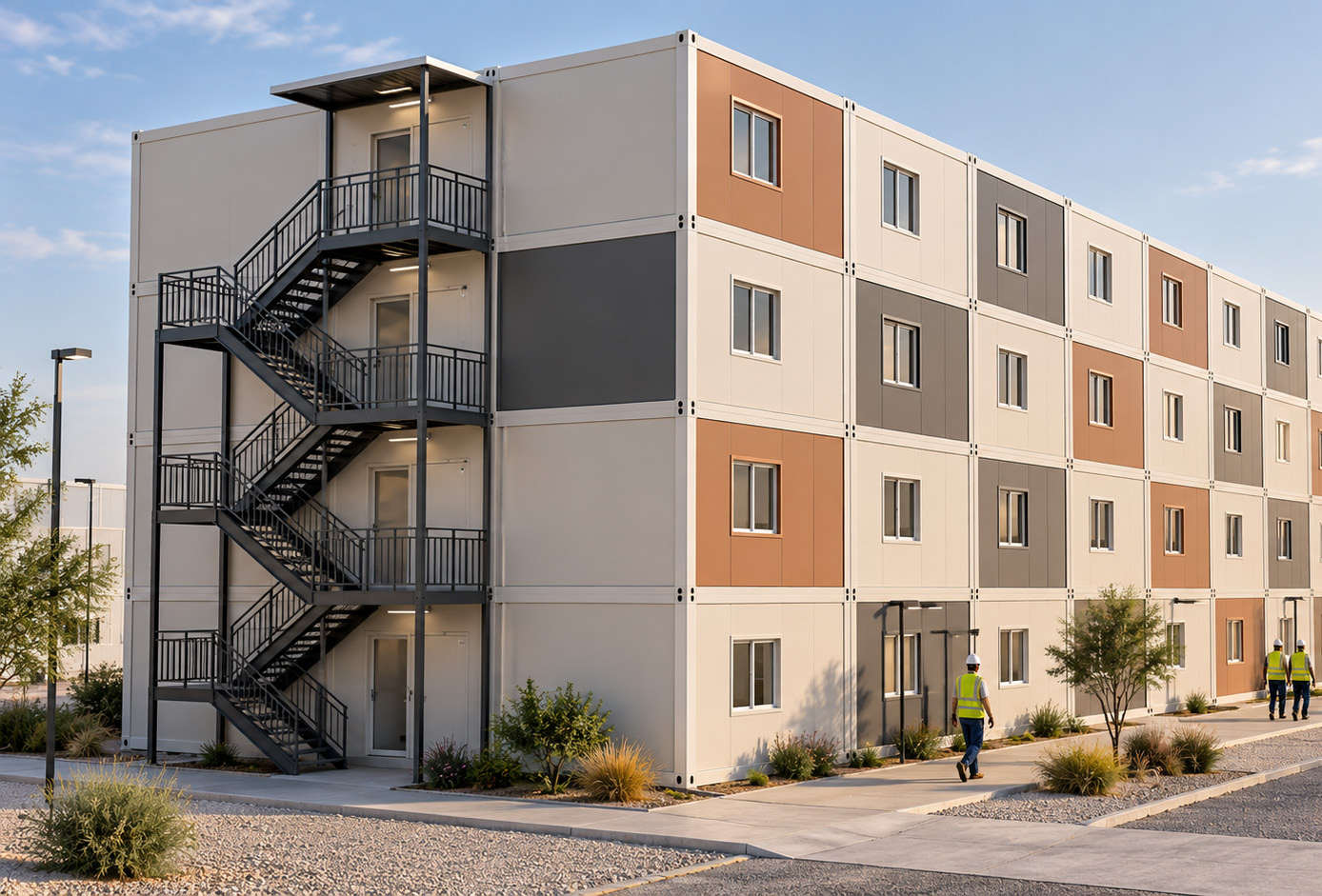 Four-storey modular accommodation building with painted multi-colour façade panels and external staircase