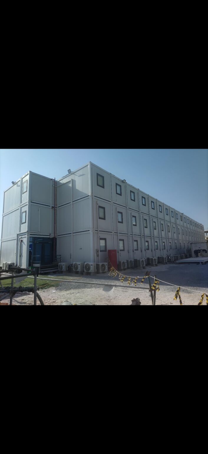 Completed elevation of a modular accommodation building with external staircases
