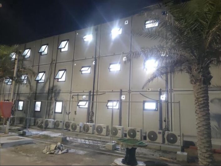 Night view along an accommodation building facade