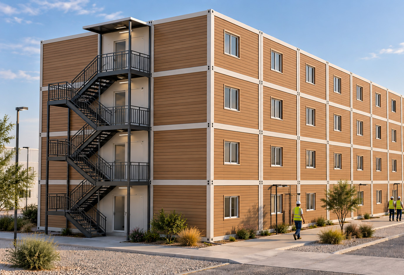 Four-storey modular accommodation building with wood-effect façade cladding and external staircase