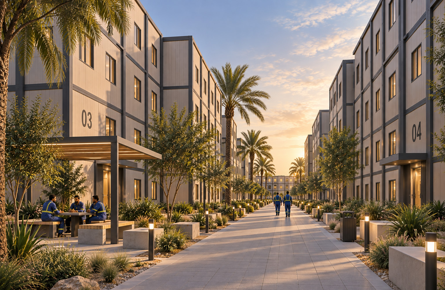 Landscaped pedestrian walkway between modular accommodation blocks with shaded seating