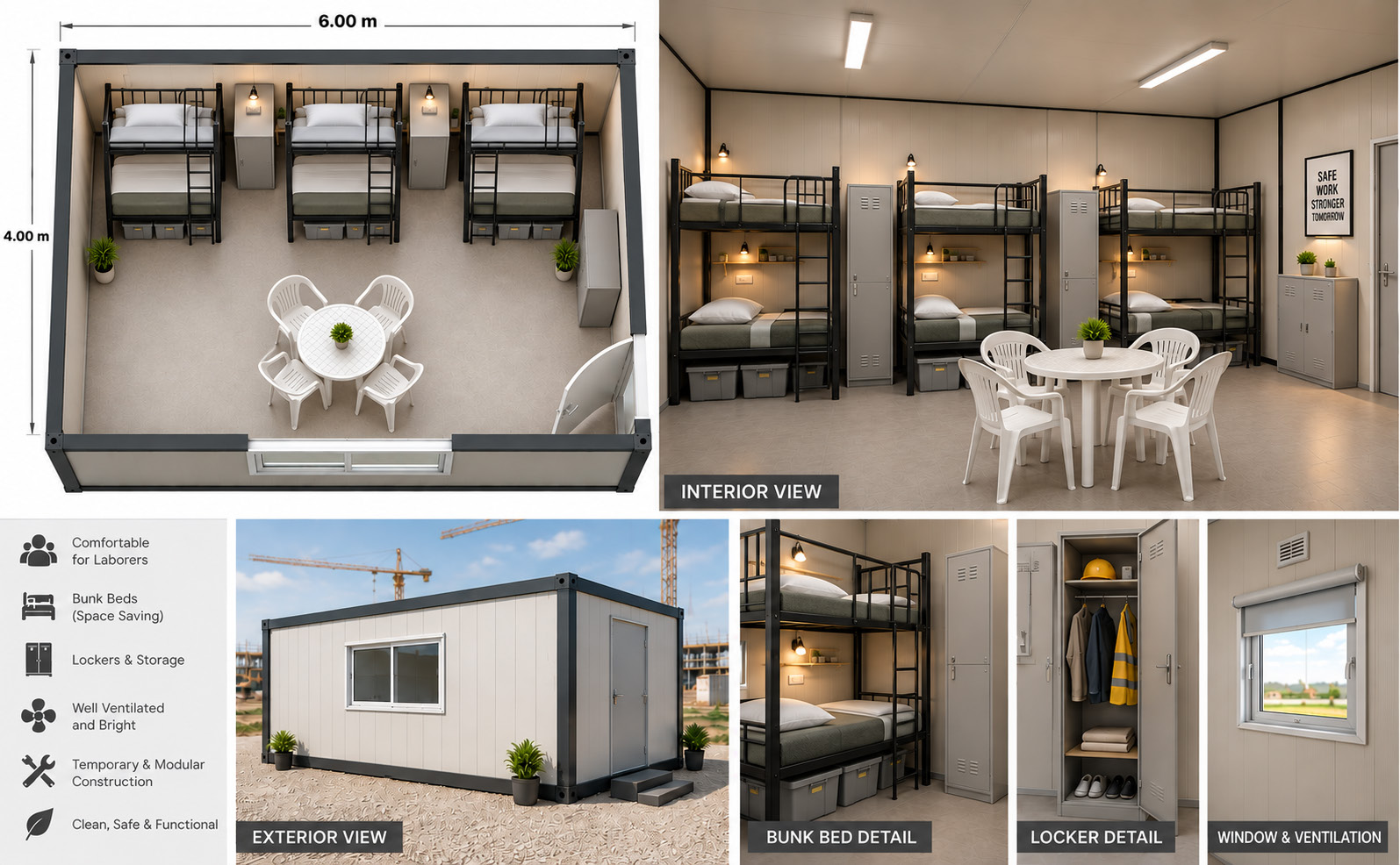 Labour accommodation room layout with bunk beds, lockers, dining table, exterior and detail views