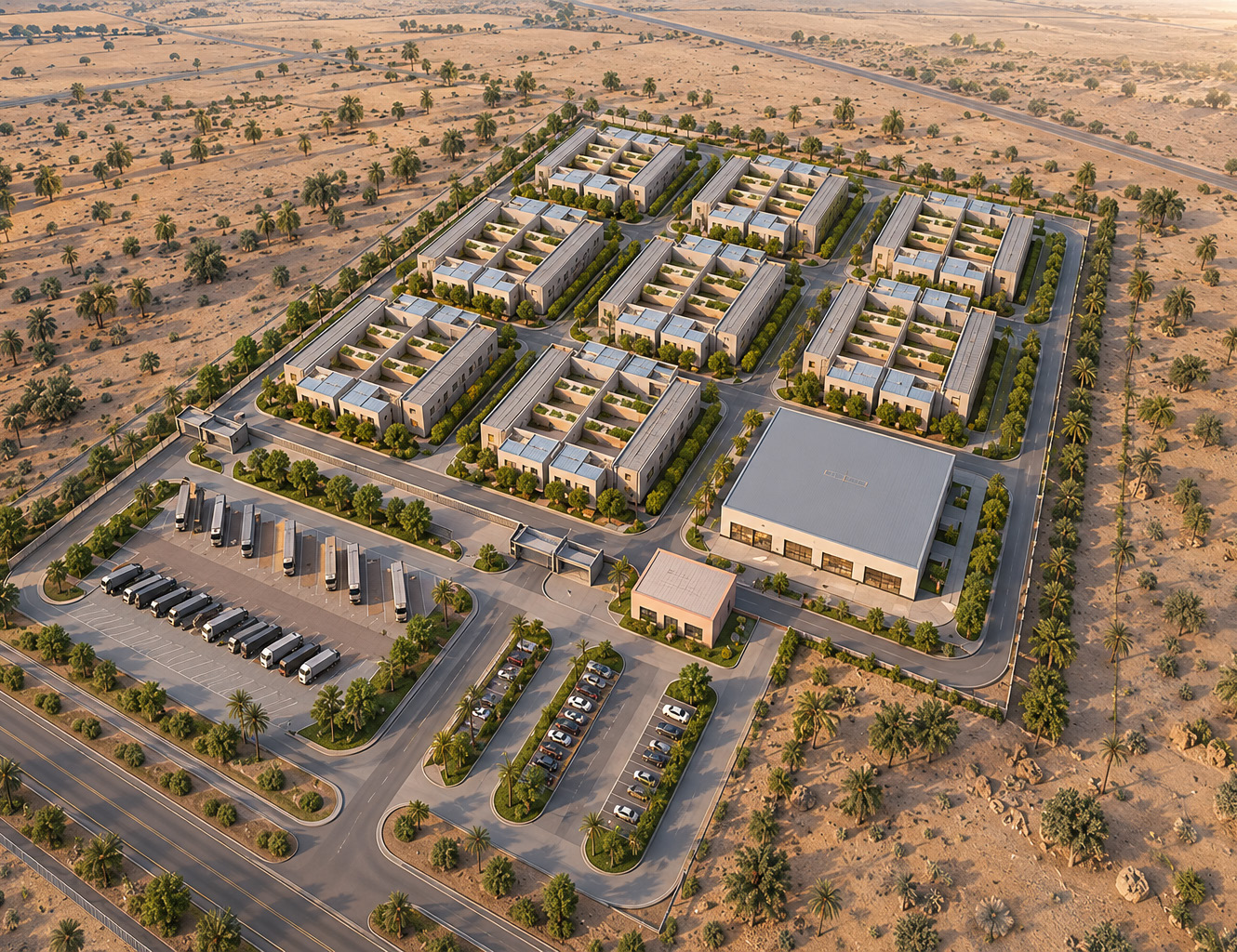 Aerial concept of a modular labour accommodation camp with residential blocks, central hall and parking