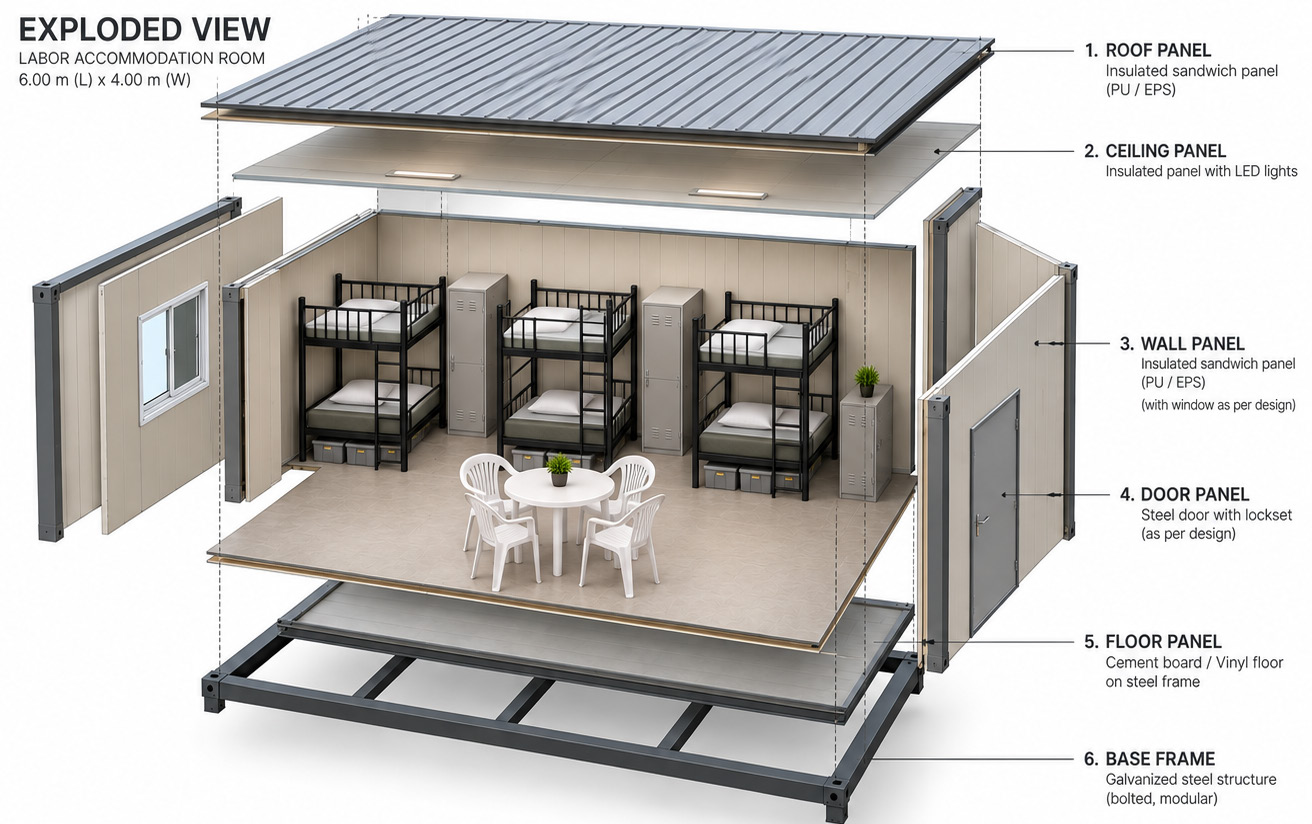 Exploded view of a modular labour accommodation room showing roof, ceiling, wall, door, floor panels and base frame