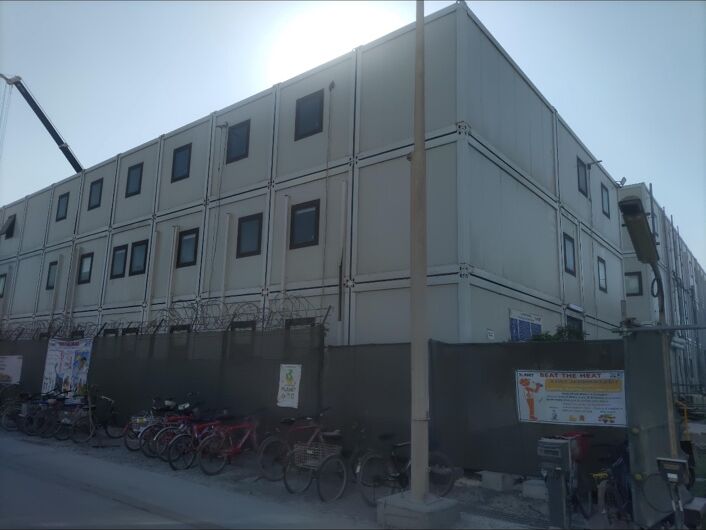 Side elevation of a modular accommodation building with external walkways