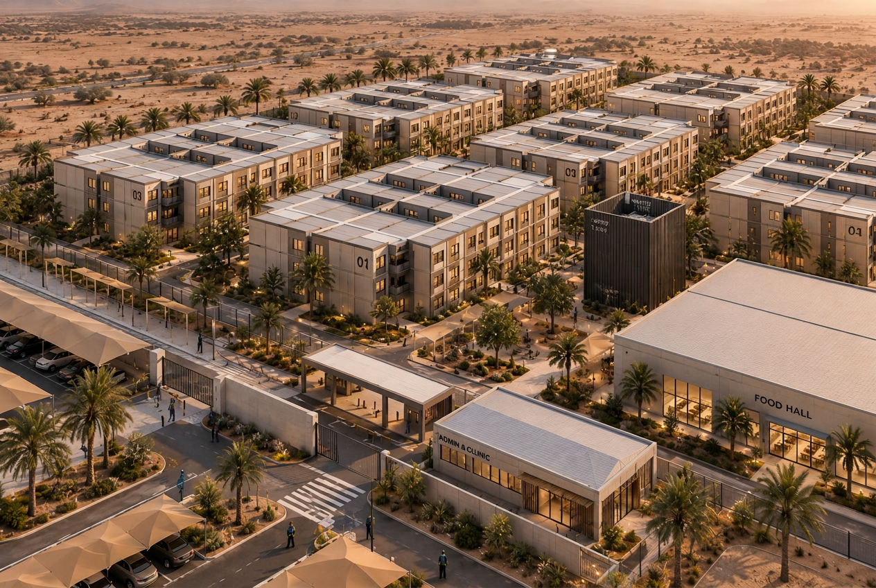 Modular accommodation blocks with landscaped walkways, food hall and admin building
