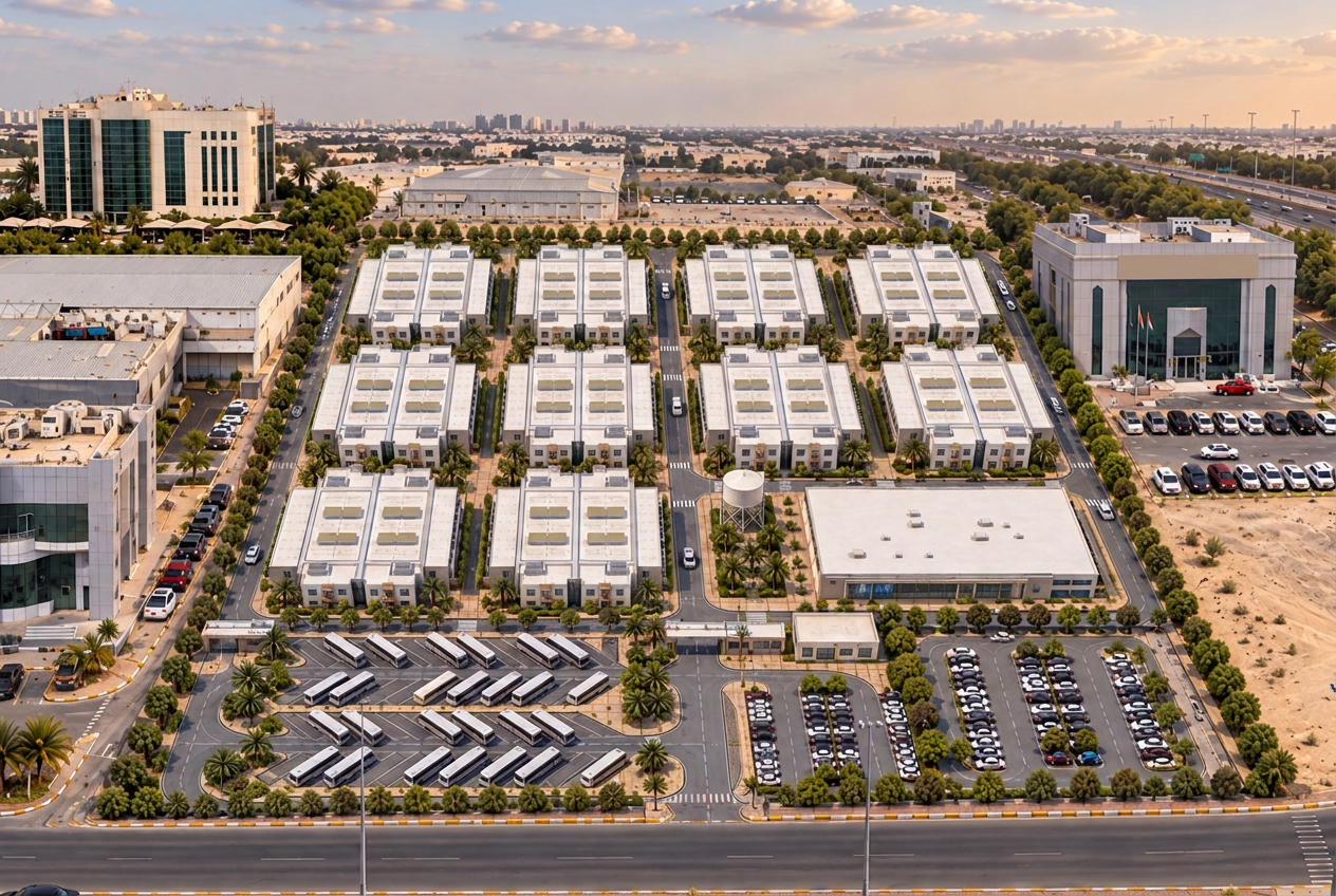 Aerial view of a planned modular workforce accommodation layout with bus and car parking